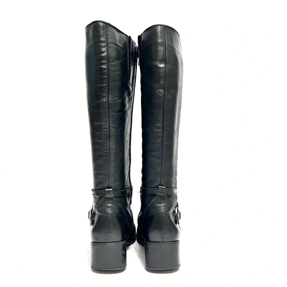 Vintage 1990s black leather knee high wool lined heeled winter fashion boots